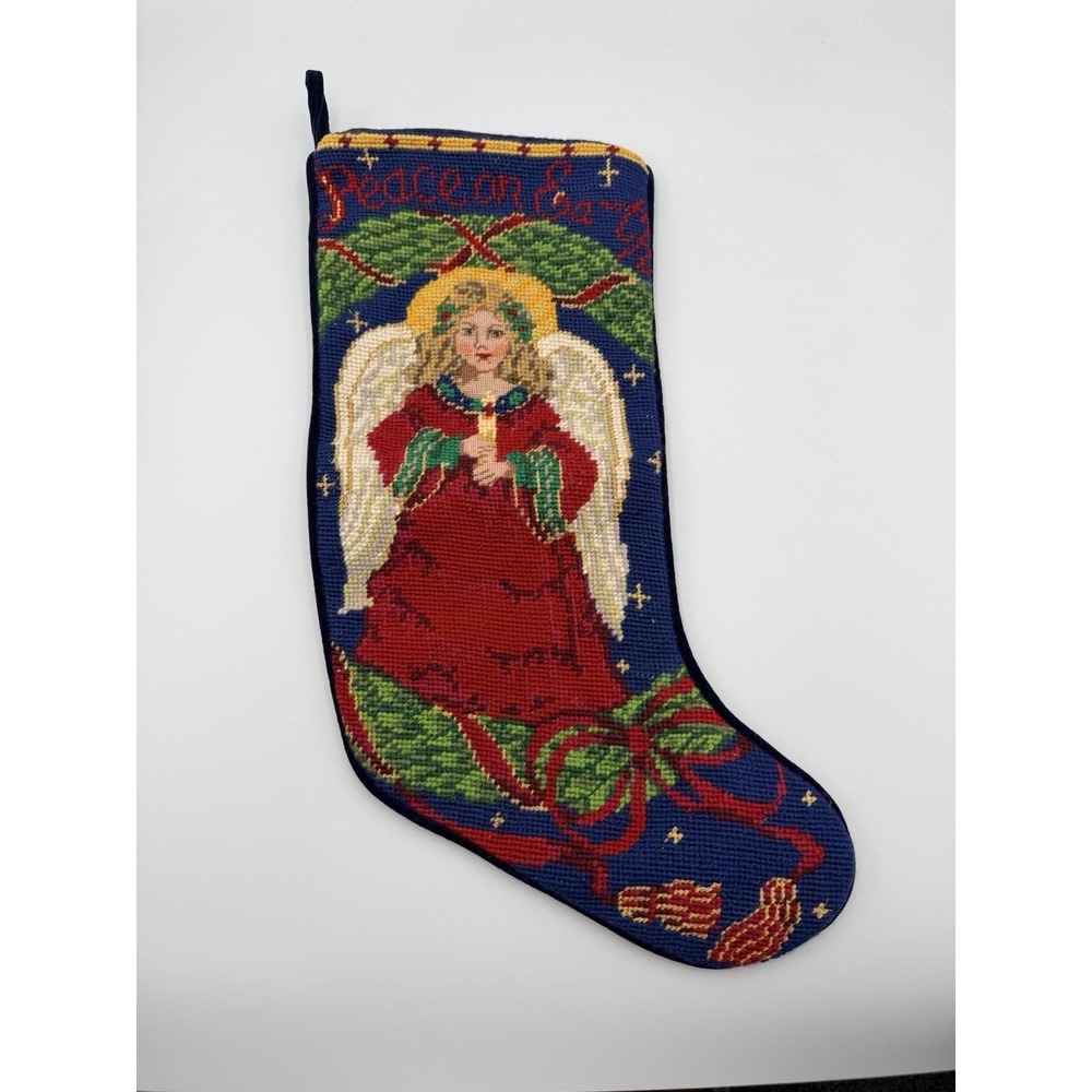 Vintage Needlepoint Christmas Stocking Angel with Candle Peace on Earth 20"